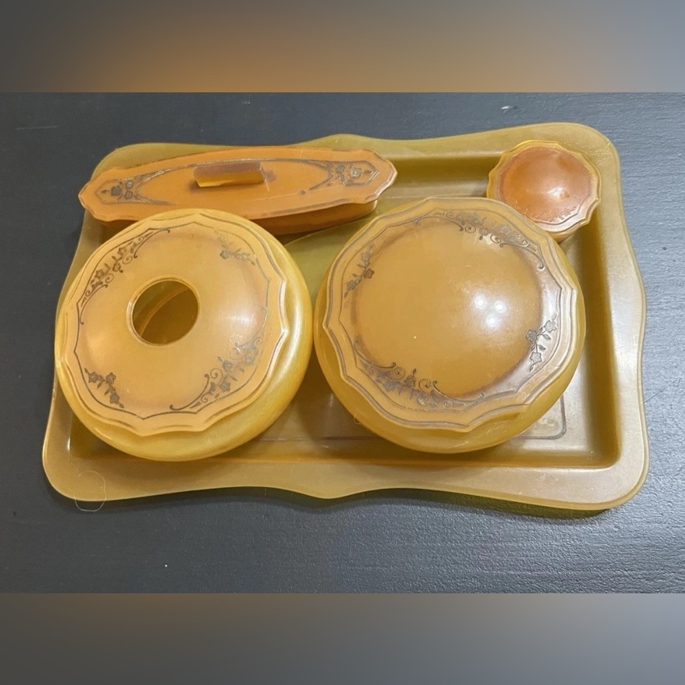 Antique Vanity Dresser Set Art Nouveau Celluloid 5 Piece Floral 10.5” Amber Read